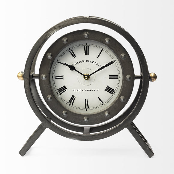 Gray Metal Circular Desk  Table Clock With Rivet Detail Frame