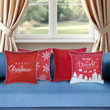 Set of Four 18" Red And White Merry Christmas Christmas Snowflakes Fabric Throw Pillow Covers