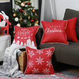 Set of Four 18" Red And White Merry Christmas Christmas Snowflakes Fabric Throw Pillow Covers