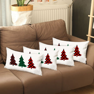 Set of Four 12" X 20" White Red and Green Christmas Trees Plaid Fabric Lumbar Throw Pillows