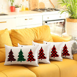 Set of Four 12" X 20" White Red and Green Christmas Trees Plaid Fabric Lumbar Throw Pillows