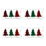 Set of Four 12" X 20" White Red and Green Christmas Trees Plaid Fabric Lumbar Throw Pillows