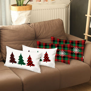 Set of Four White Red and Green Christmas Trees Plaid Fabric Lumbar Throw Pillows