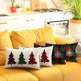 Set of Four White Red and Green Christmas Trees Plaid Fabric Lumbar Throw Pillows