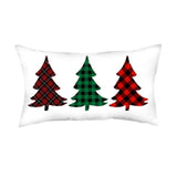 Set of Four White Red and Green Christmas Trees Plaid Fabric Lumbar Throw Pillows