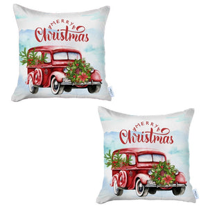 Set of Two 18" Red and White Merry Christmas Holiday Van Fabric Throw Pillow Covers