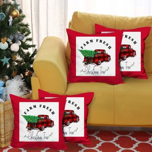 Set of Four 18" Red White and Black Farm Fresh Christmas Tree Christmas Holiday Red Truck Plaid Fabric Throw Pillow Covers