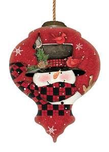 Plaid Snowman and Cardinals Hand Painted Mouth Blown Glass Ornament