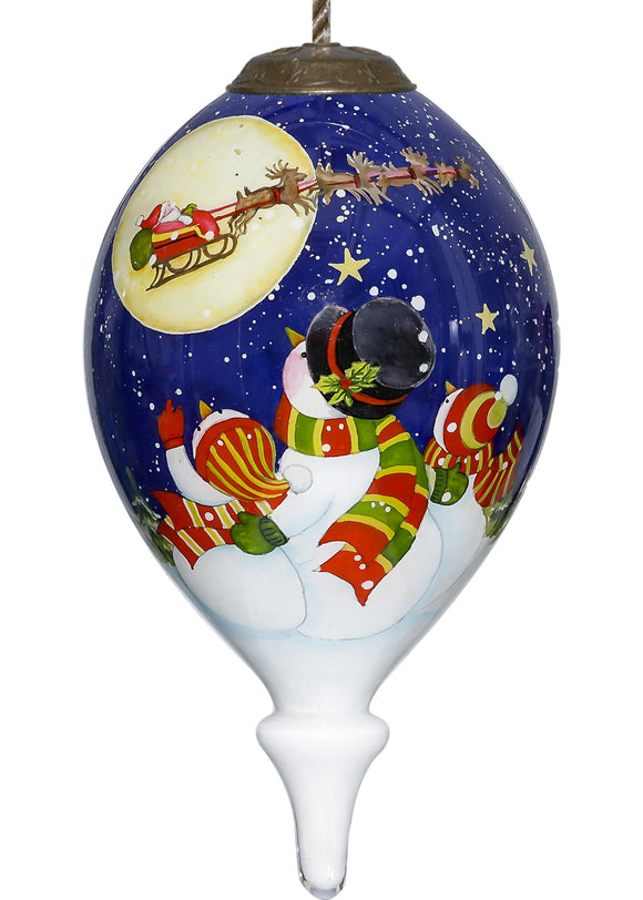 Snowmen Family Watching Santa on a Sleigh Hand Painted Mouth Blown Glass Ornament