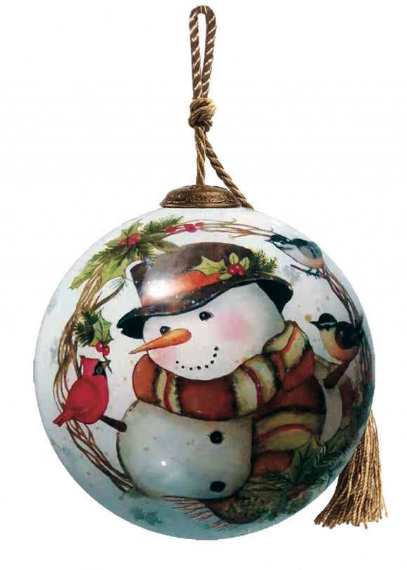 Winter Wreath Forest Snowman Hand Painted Mouth Blown Glass Ornament