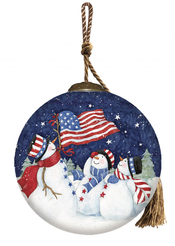 Three Snowman and an American Flag Hand Painted Mouth Blown Glass Ornament