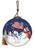 Three Snowman and an American Flag Hand Painted Mouth Blown Glass Ornament