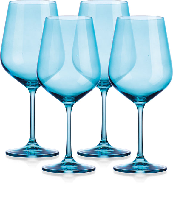 Set of Four Blue Crystal Balloon Bowl Stemmed Red Wine Glass