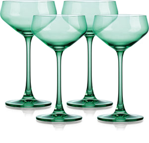 Set of Four Green Crystal Shallow Bowl Stemmed Coupe