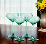 Set of Four Green Crystal Shallow Bowl Stemmed Coupe