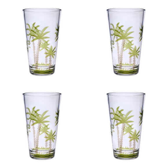 Set of Four Clear and Green Palm Tree Acrylic Highball Glasses