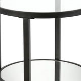 24" Black And Clear Glass And Steel Round Mirrored End Table With Shelf